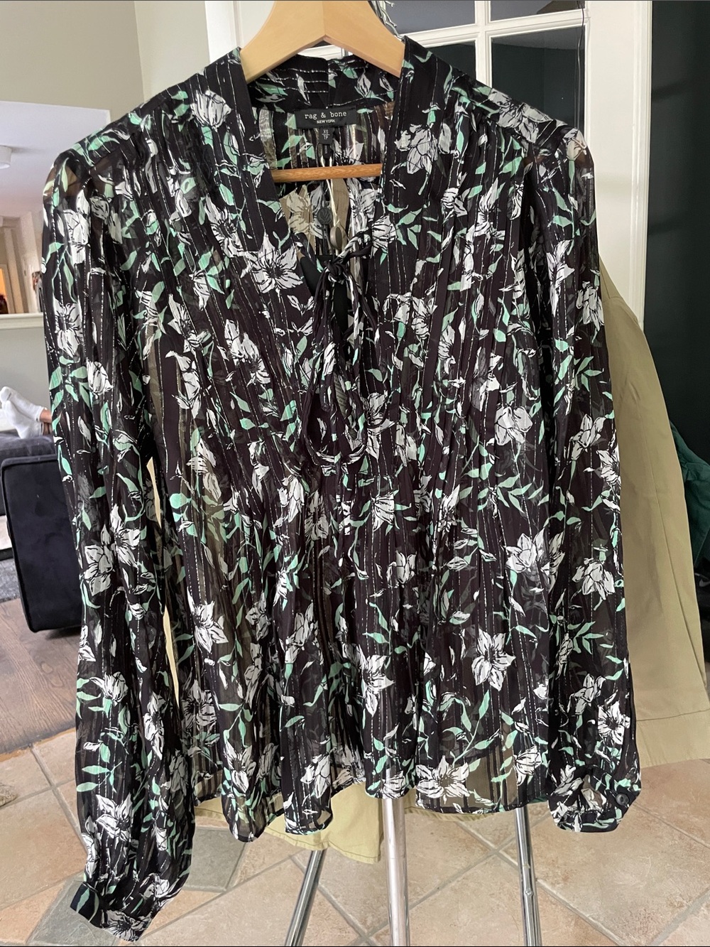 rag & bone Sachi Black Floral Tie-Neck Blouse with Mint Leaves